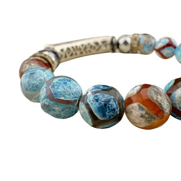 Dzi Agate Stretch Bracelet W/ Glass Crystal Embellishments & Cubic Zirconia Pave - Picture 4 of 6